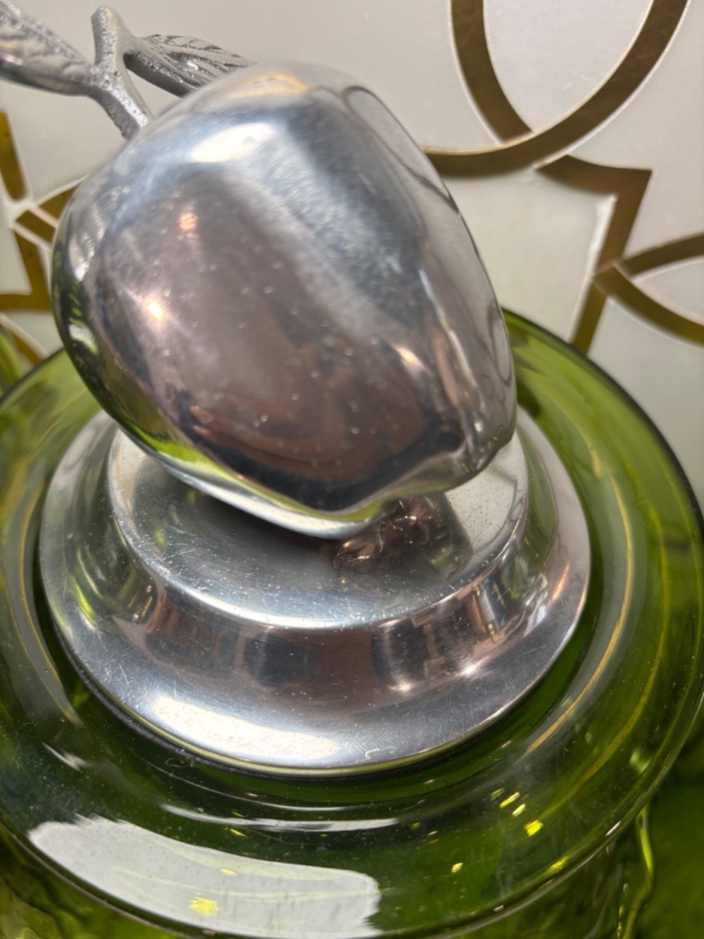3 Vintage Hand Blown Glass Kitchen Canisters Jars Pewter Tops Fruit Apples Pear - Picture 3 of 15
